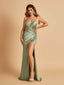 Sexy Satin Spaghetti Straps Prom Dresses V-neck Side Slit Pleats Floor Length Sheath