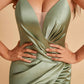 Sexy Satin Spaghetti Straps Bridesmaid Dresses V-neck Side Slit Pleats Floor Length Sheath