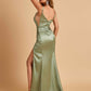 Sexy Satin Spaghetti Straps Prom Dresses V-neck Side Slit Pleats Floor Length Sheath