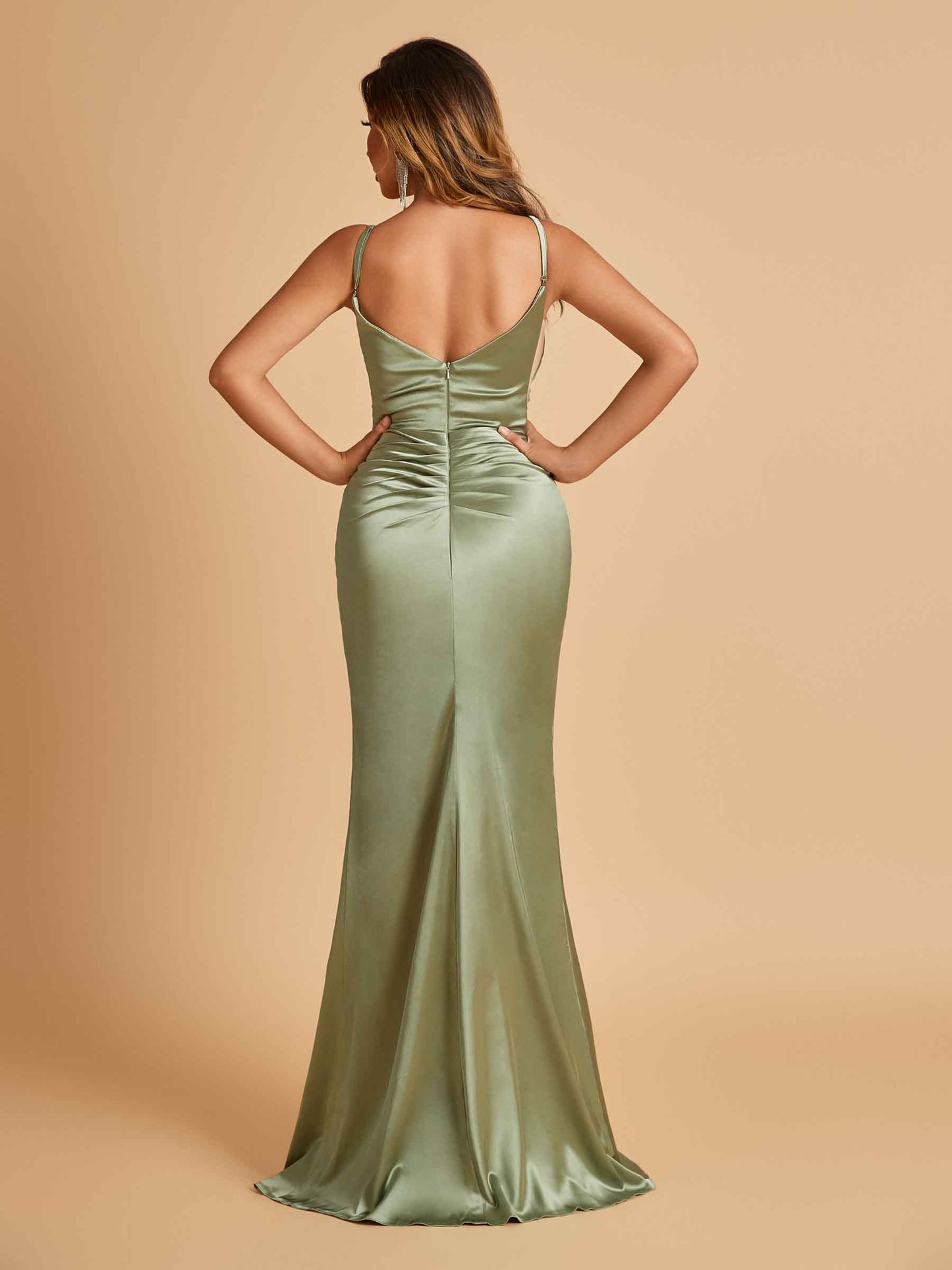 Sexy Satin Spaghetti Straps Bridesmaid Dresses V-neck Side Slit Pleats Floor Length Sheath