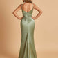 Sexy Satin Spaghetti Straps Prom Dresses V-neck Side Slit Pleats Floor Length Sheath