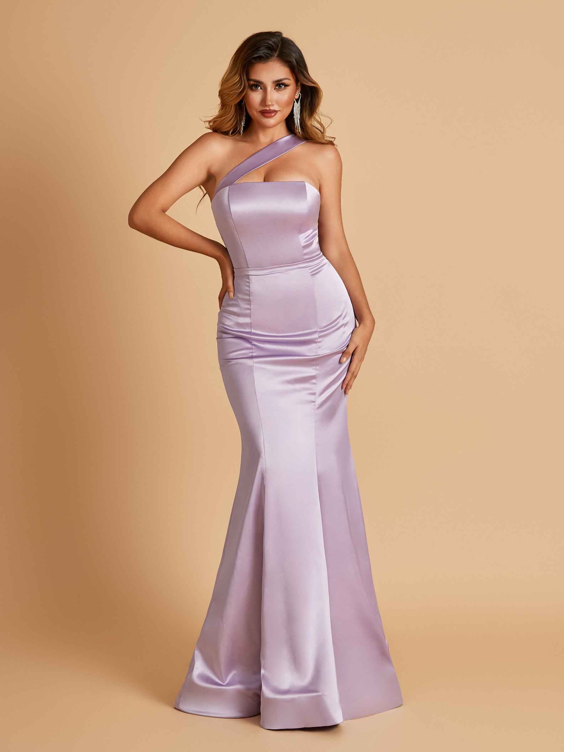 Simple Soft Satin One Shoulder Side Slit Mermaid Long Bridesmaid ...