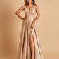 Satin A-line Long Prom Dresses Spaghetti Straps V-neck Side Slit Floor Length