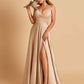 Satin A-line Long Prom Dresses Spaghetti Straps V-neck Side Slit Floor Length