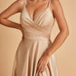 Satin A-line Long Prom Dresses Spaghetti Straps V-neck Side Slit Floor Length