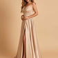 Satin A-line Long Prom Dresses Spaghetti Straps V-neck Side Slit Floor Length