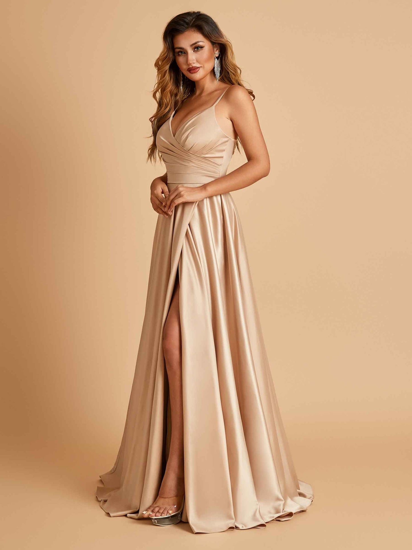 Satin A-line Long Prom Dresses Spaghetti Straps V-neck Side Slit Floor Length