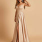 Satin A-line Long Prom Dresses Spaghetti Straps V-neck Side Slit Floor Length