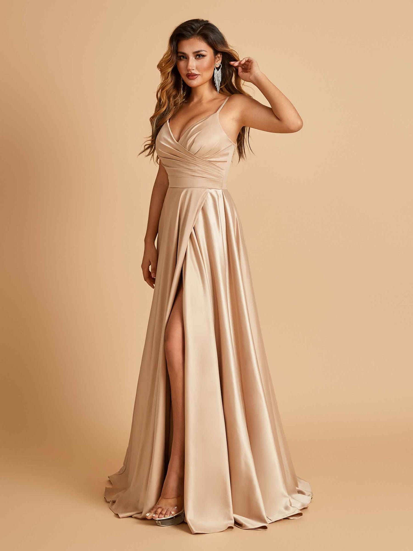 Satin A-line Long Prom Dresses Spaghetti Straps V-neck Side Slit Floor Length