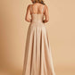 Satin A-line Long Prom Dresses Spaghetti Straps V-neck Side Slit Floor Length