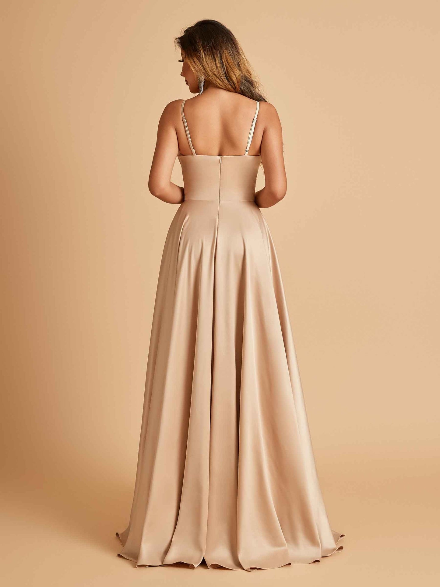Satin A-line Long Prom Dresses Spaghetti Straps V-neck Side Slit Floor Length