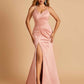 Sexy Mermaid Bridesmaid Dresses Spaghetti Straps Satin Side Slit Pleats Floor Length