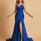 Sexy Satin Mermaid Open Back Prom Dresses Spaghetti Straps V-neck Side Slit