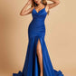 Sexy Satin Mermaid Open Back Prom Dresses Spaghetti Straps V-neck Side Slit