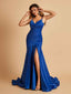 Sexy Satin Mermaid Open Back Prom Dresses Spaghetti Straps V-neck Side Slit