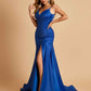 Sexy Satin Mermaid Open Back Prom Dresses Spaghetti Straps V-neck Side Slit