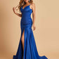 Sexy Satin Mermaid Open Back Prom Dresses Spaghetti Straps V-neck Side Slit
