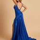 Sexy Satin Mermaid Open Back Prom Dresses Spaghetti Straps V-neck Side Slit