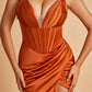 Sexy Sweetheart Sheath Prom Dresses Spaghetti Straps Satin Side Slit Pleats Floor Length
