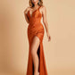 Sexy Sweetheart Sheath Prom Dresses Spaghetti Straps Satin Side Slit Pleats Floor Length