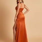 Sexy Sweetheart Sheath Prom Dresses Spaghetti Straps Satin Side Slit Pleats Floor Length