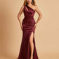 Sexy Satin Key Hole Bridesmaid Dresses One Shoulder Key Hole Floor Length Sheath For Sale