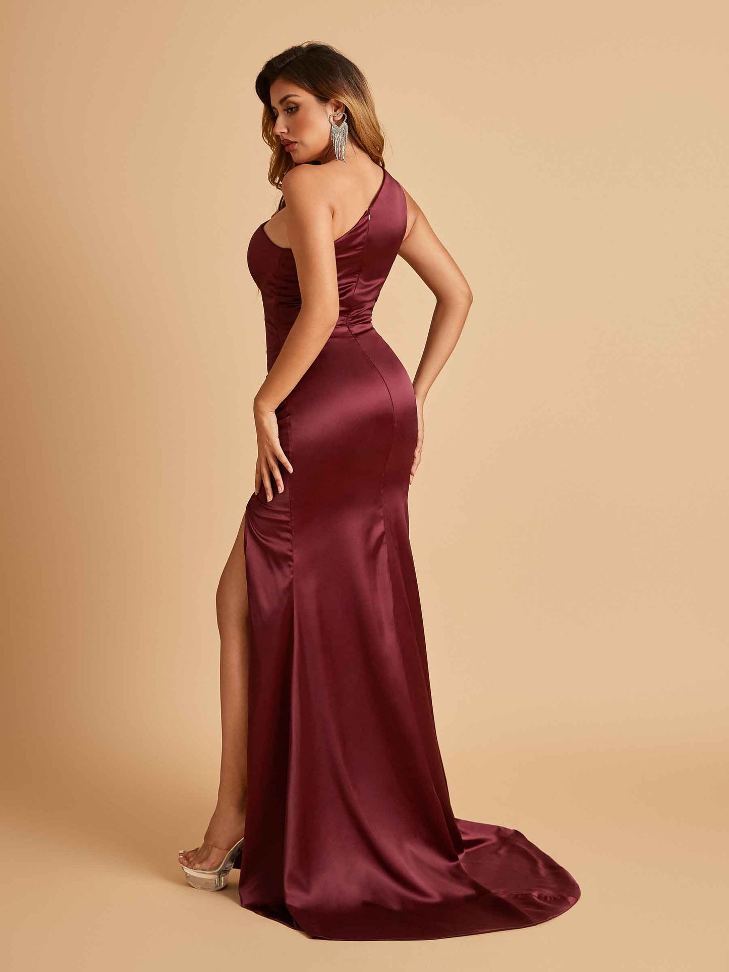 Sexy Satin Key Hole Bridesmaid Dresses One Shoulder Key Hole Floor Length Sheath