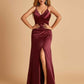 Sexy Satin Sheath Bridesmaid Dresses Spaghetti Straps V-neck Side Slit Pleats Floor Length