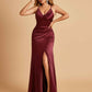 Sexy Satin Sheath Bridesmaid Dresses Spaghetti Straps V-neck Side Slit Pleats Floor Length For Sale