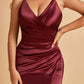 Sexy Satin Sheath Bridesmaid Dresses Spaghetti Straps V-neck Side Slit Pleats Floor Length For Sale