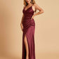 Sexy Satin Sheath Bridesmaid Dresses Spaghetti Straps V-neck Side Slit Pleats Floor Length