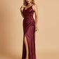 Sexy Satin Sheath Bridesmaid Dresses Spaghetti Straps V-neck Side Slit Pleats Floor Length For Sale
