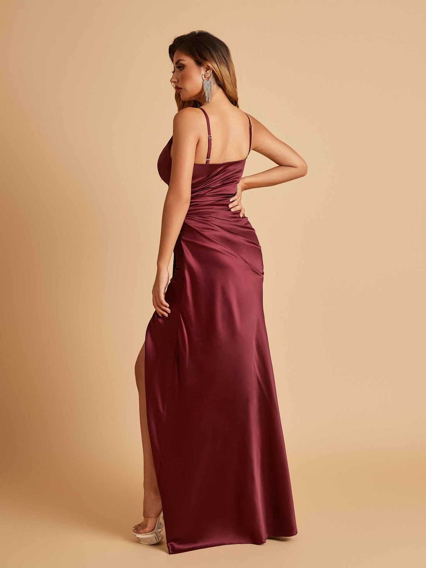 Sexy Satin Sheath Bridesmaid Dresses Spaghetti Straps V-neck Side Slit Pleats Floor Length For Sale