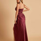 Sexy Satin Sheath Prom Dresses Spaghetti Straps V-neck Side Slit Pleats Floor Length
