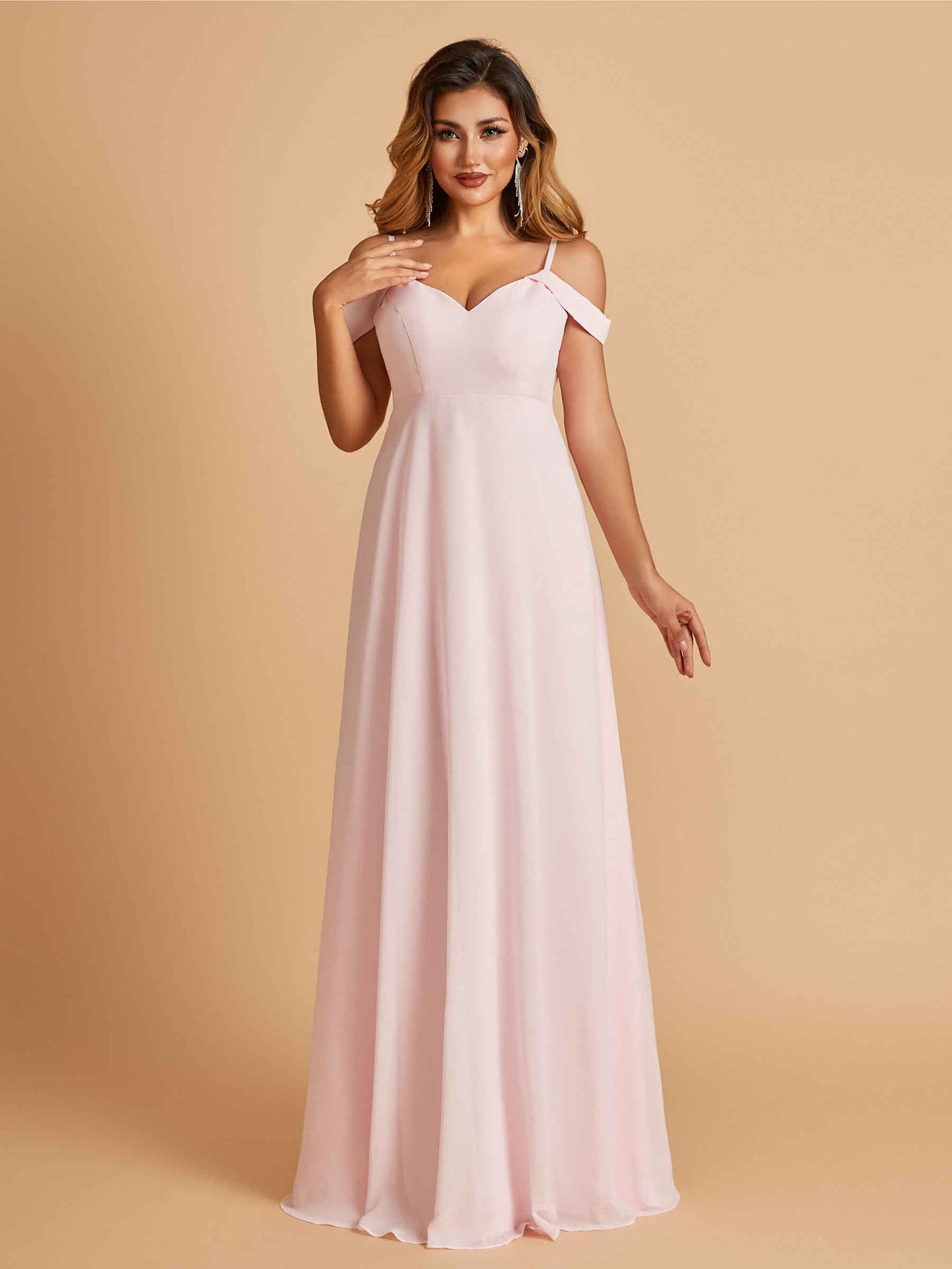 Chiffon Off-shoulder Long Bridesmaid Dresses V-neck Floor Length A-line