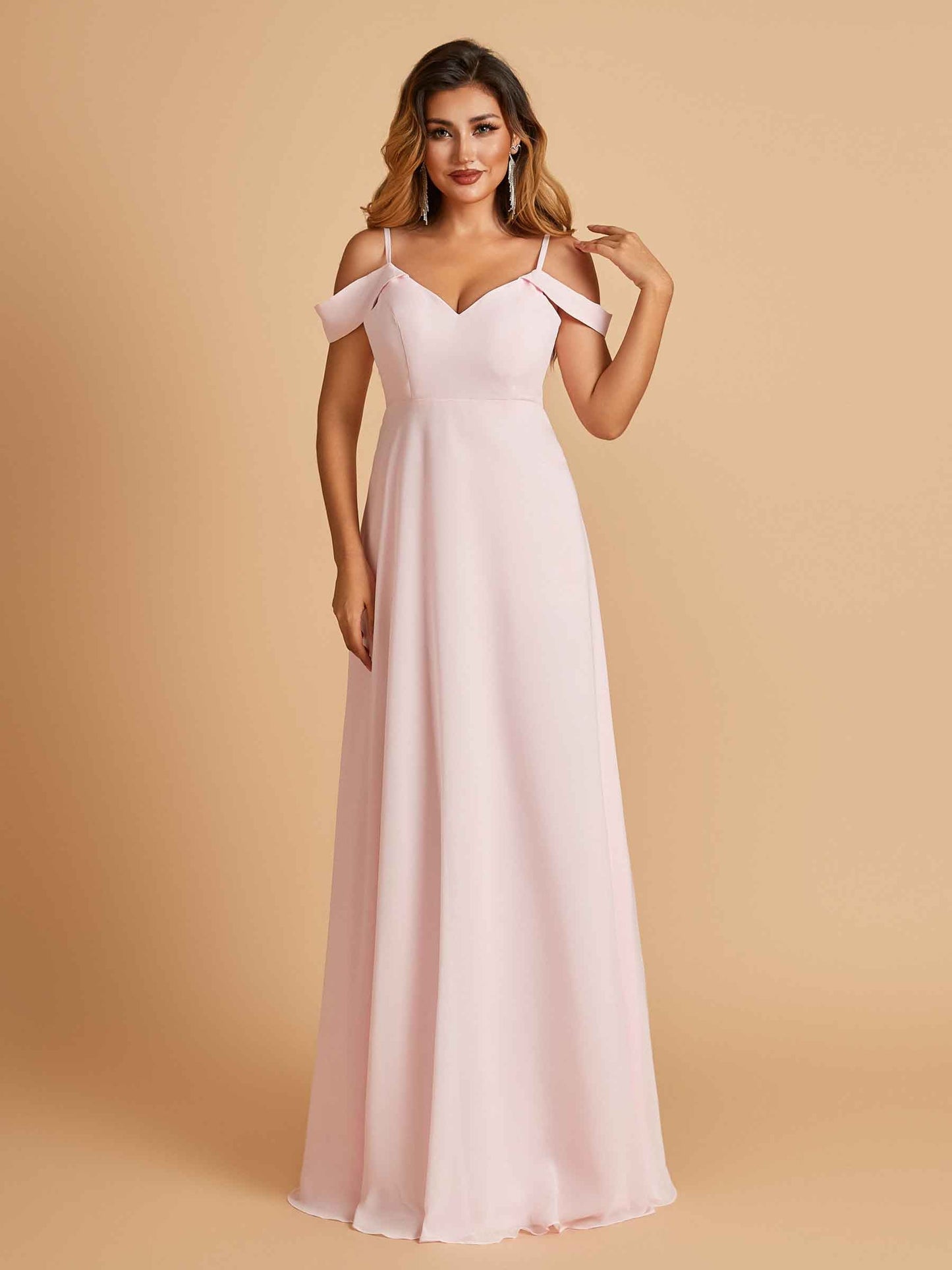 Chiffon Off-shoulder Long Bridesmaid Dresses V-neck Floor Length A-line For Sale