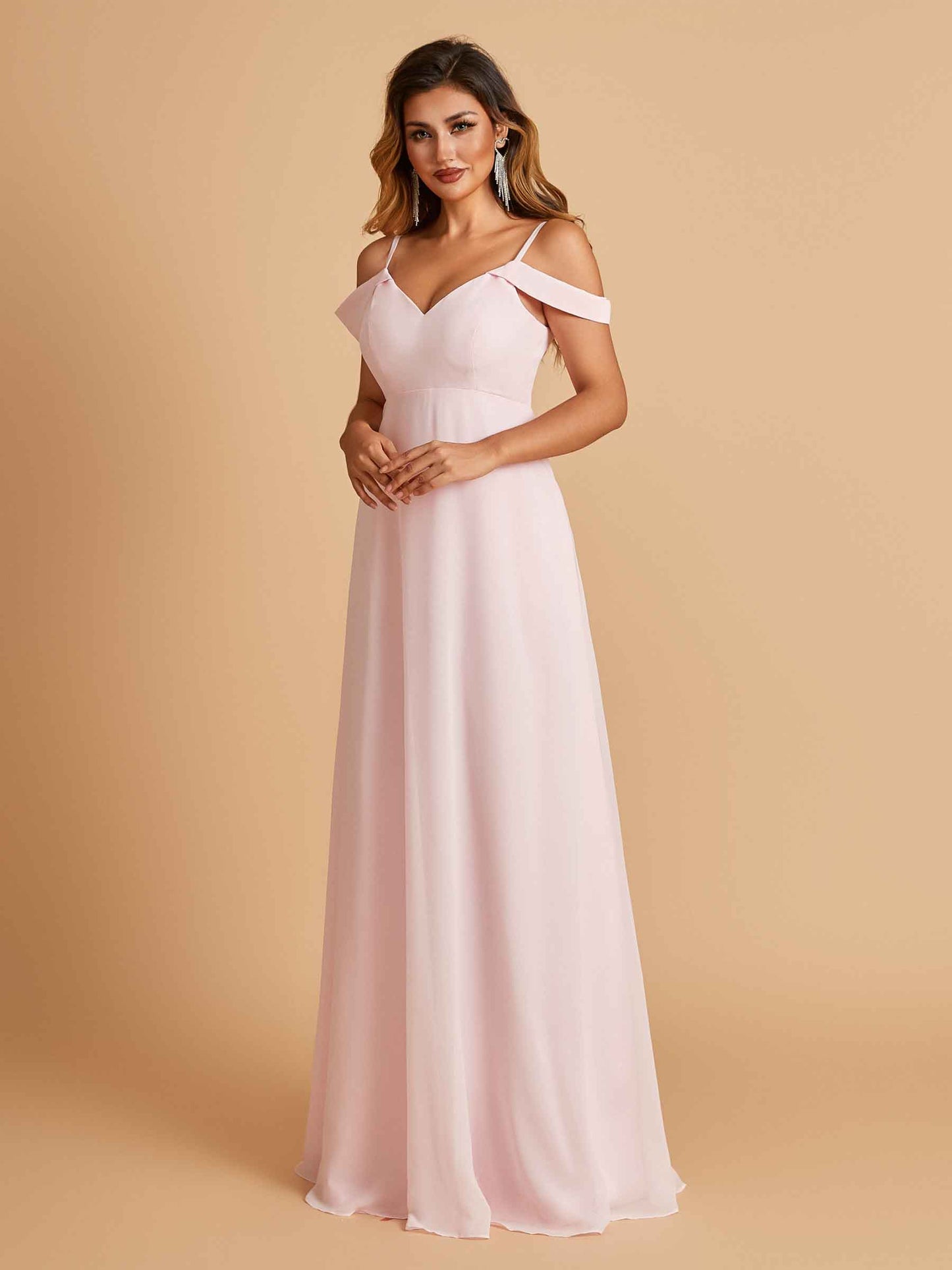 Chiffon Off-shoulder Long Bridesmaid Dresses V-neck Floor Length A-line