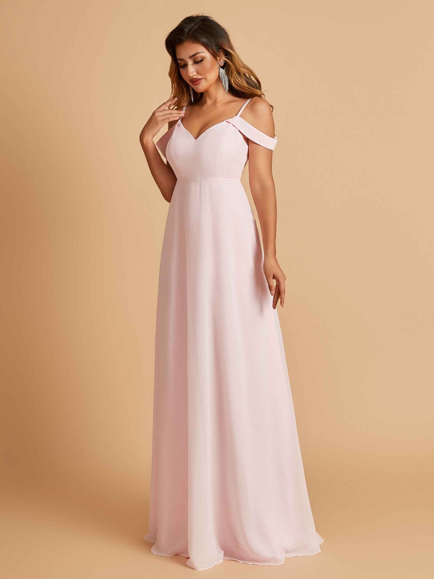 Chiffon Off-shoulder Long Prom Dresses V-neck Floor Length A-line