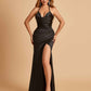 Sexy Satin Halter Straps Sheath Prom Dresses Side Slit Pleats Floor Length