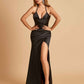 Sexy Satin Halter Straps Sheath Prom Dresses Side Slit Pleats Floor Length