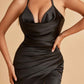 Sexy Satin Halter Straps Sheath Prom Dresses Side Slit Pleats Floor Length