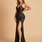 Sexy Satin Halter Straps Sheath Prom Dresses Side Slit Pleats Floor Length