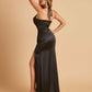 Sexy Satin Halter Straps Sheath Prom Dresses Side Slit Pleats Floor Length