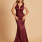 Sexy Satin Criss-cross Back Bridesmaid Dresses Mermaid Deep V-neck Back Pleats Floor Length