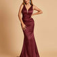 Sexy Satin Criss-cross Back Bridesmaid Dresses Mermaid Deep V-neck Back Pleats Floor Length