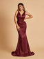 Sexy Satin Criss-cross Back Prom Dresses Mermaid Deep V-neck Back Pleats Floor Length