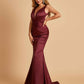 Sexy Satin Criss-cross Back Bridesmaid Dresses Mermaid Deep V-neck Back Pleats Floor Length