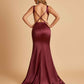 Sexy Satin Criss-cross Back Bridesmaid Dresses Mermaid Deep V-neck Back Pleats Floor Length