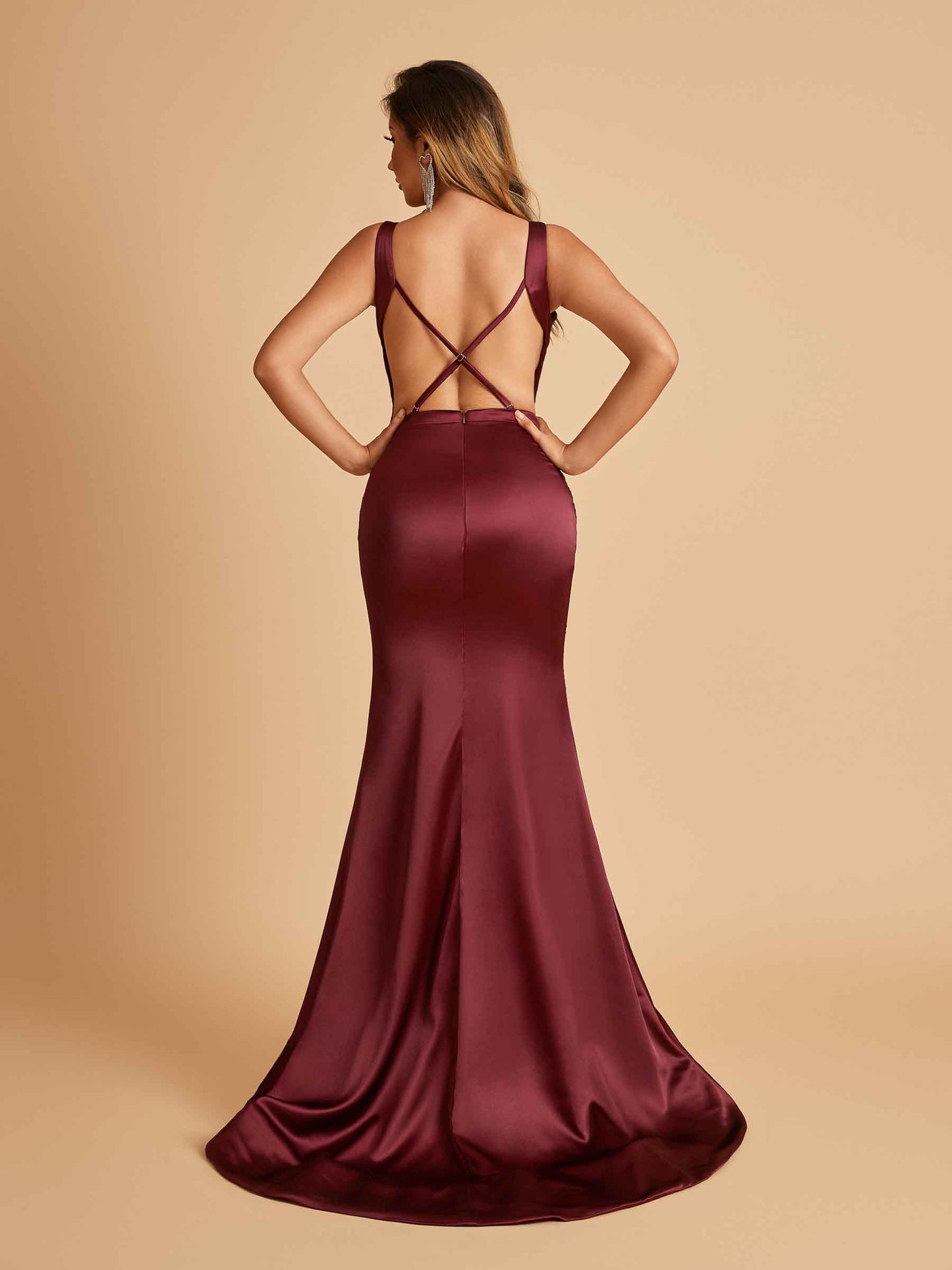 Sexy Satin Criss-cross Back Bridesmaid Dresses Mermaid Deep V-neck Back Pleats Floor Length