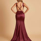 Sexy Satin Criss-cross Back Prom Dresses Mermaid Deep V-neck Back Pleats Floor Length